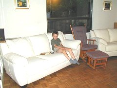 Henry on the new white leather sofa