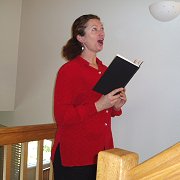 Helen with her hymn book (the Gospel According to Al Franken)